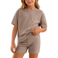 thumbnail image 1 of SGFCWSX Girls 2 Piece Outfits Solid Color Oversized Short Sleeve T-shirt and Biker Shorts Set Summer Casual Wear for Teens Brown Size 13, 1 of 8