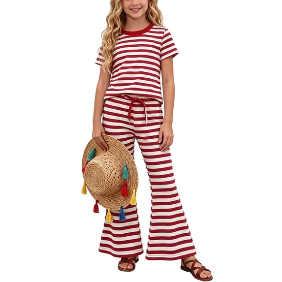 SGFCWSX Girls 2 Piece Outfits Striped Short Sleeve Tops Drawstring Flare Pants Summer Casual Clothes Set Red Size 3T