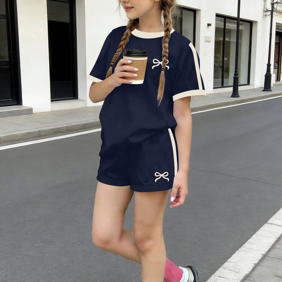 SGFCWSX Girls 2 Piece Outfits Summer Bow Print Short Sleeve T Shirt Side Stripe Shorts Set for Teens Navy Size 14