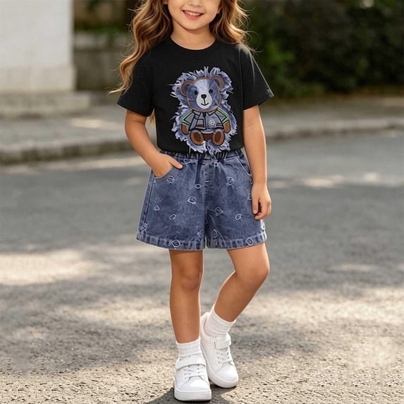 SGFCWSX Girls 2 Piece Outfits Summer Graphic Short Sleeve T Shirt Elastic Waist Denim Shorts Set for Kids Black Size 3T