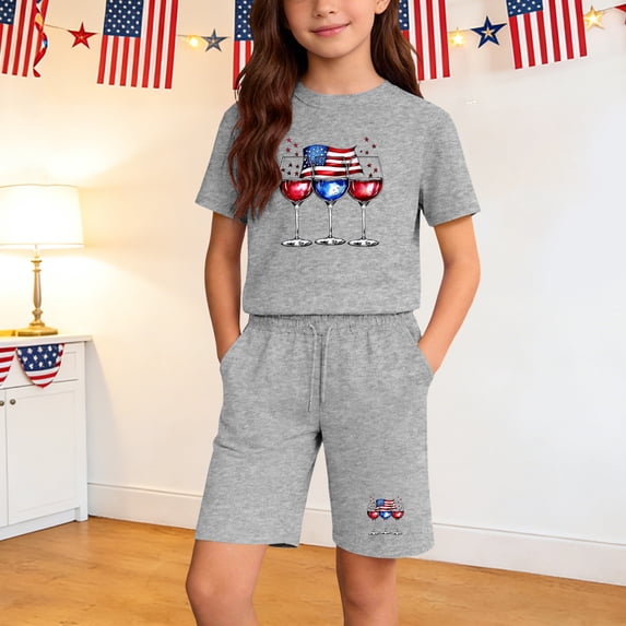 SGFCWSX Girls 2 Piece Outfits Summer Patriotic Graphic Short Sleeve Top and Drawstring Elastic Waist Shorts Set Casual Daily Playwear Gray Size 7