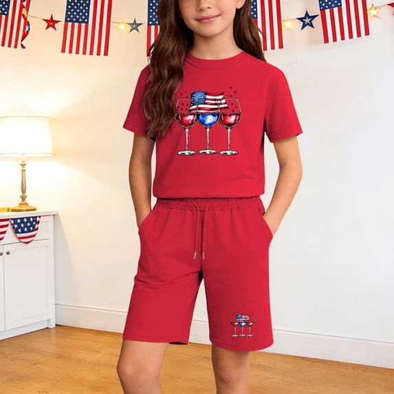 SGFCWSX Girls 2 Piece Outfits Summer Patriotic Graphic Short Sleeve Top and Drawstring Elastic Waist Shorts Set Casual Daily Playwear Red Size 7