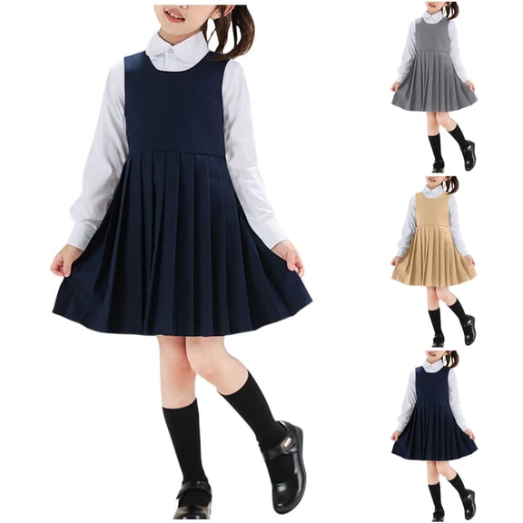 SGFCWSX Girls 2-Piece School Uniform Outfit, Kids Long Sleeve Collared Shirt and Sleeveless Pleated Jumper Dress Set Navy Size 7-8 Years