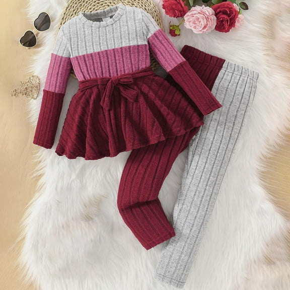 SGFCWSX Girls 2 Piece Set Toddler Winter Outfits Color Block Sweater with Bow and Leggings Sets Red Size 7-8T