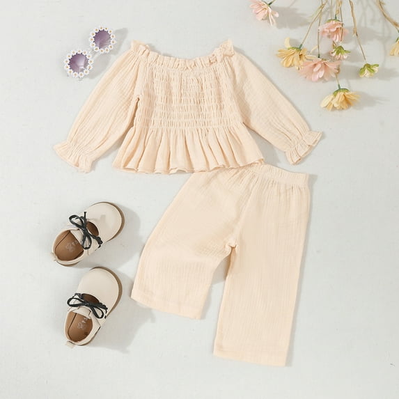 SGFCWSX Girls 2 Piece Set Toddler Winter Outfits Ruffled Off Shoulder Top and Pants Sets Beige Size 6 Months