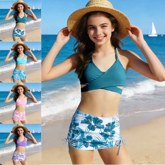 SGFCWSX Girls 2-Piece Swimsuit, Kids Halter Bikini Crisscross Crop Top and Floral Print Ruched Skirted Bottom, Bathing Suit for Beach Pool Army Green Size 3-4Years