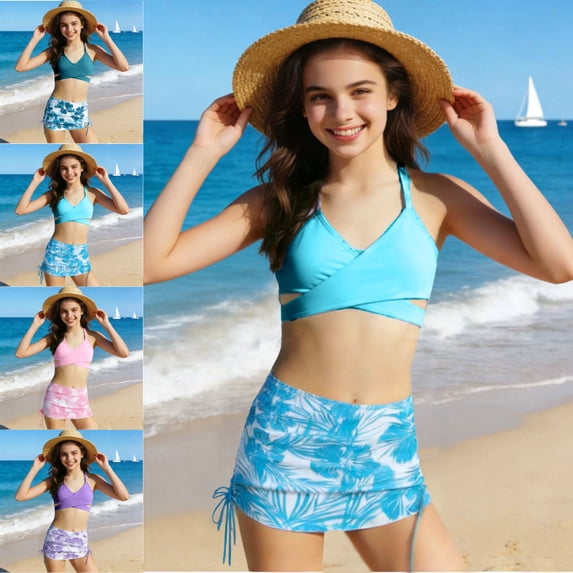 SGFCWSX Girls 2-Piece Swimsuit, Kids Halter Bikini Crisscross Crop Top and Floral Print Ruched Skirted Bottom, Bathing Suit for Beach Pool Light Blue Size 11-12Years