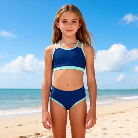 SGFCWSX Girls 2 Piece Swimsuit, Kids Halter Bikini High Waist Contrast Trim Bathing Suit for Beach Pool Blue Size 8 Years
