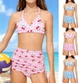 thumbnail image 1 of SGFCWSX Girls 2-Piece Swimsuit, Kids Halter Bikini Print Triangle Top and Ruched Skirted Bottom, Bathing Suit for Beach Pool Pink Size 9-10Years, 1 of 10