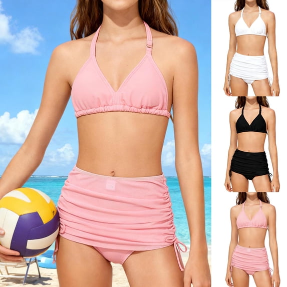 SGFCWSX Girls 2-Piece Swimsuit, Kids Halter Bikini Triangle Top and Ruched Skirted Bottom, Bathing Suit for Beach Pool Pink Size 9-10Years