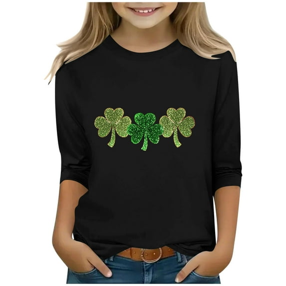 SGFCWSX Girls 3/4 Sleeve T-Shirt, Kids Graphic Casual Streetwear Top Black Size 10-11 Years