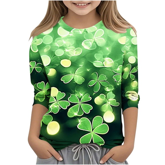 SGFCWSX Girls 3/4 Sleeve T-Shirt, Kids Graphic Comfortable Casual Top Green Size 3-4 Years