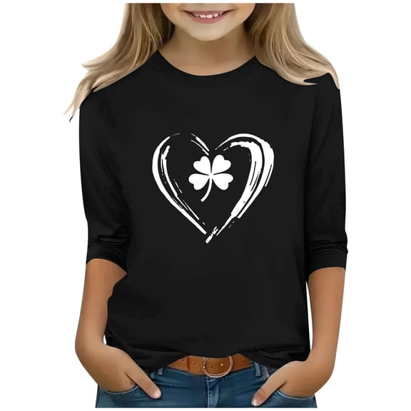 SGFCWSX Girls 3/4 Sleeve T-Shirt, Kids Graphic Streetwear Casual Top Black Size 3-4 Years