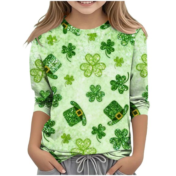 SGFCWSX Girls 3/4 Sleeve T-Shirt, Kids Graphic Summer Casual Top Green Size 11-12 Years