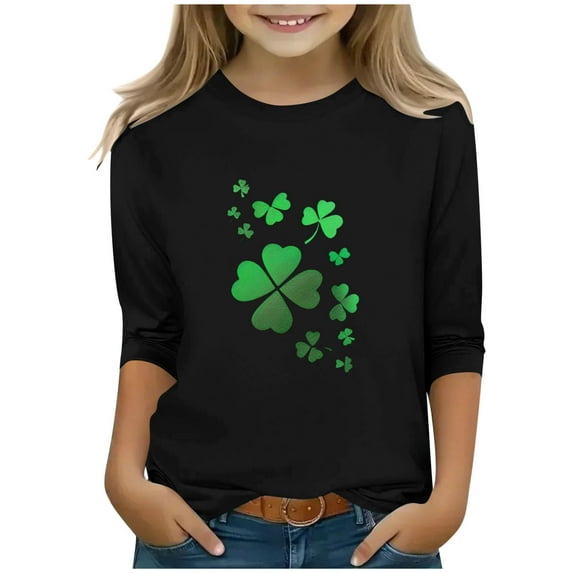 SGFCWSX Girls 3/4 Sleeve T-Shirt, Kids Streetwear Graphic Casual Top Black Size 9-10 Years