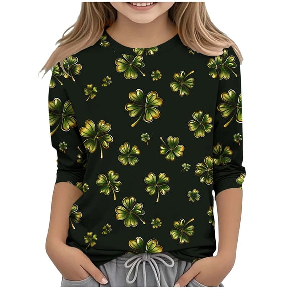 SGFCWSX Girls 3/4 Sleeve T-Shirt, Kids Summer Graphic Casual Top Green Size 5-6 Years