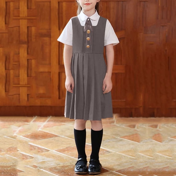 SGFCWSX Girls 3-Piece School Uniform Outfit, Kids Short Sleeve Collared Shirt with Bow Tie and Pleated Sleeveless Jumper Dress Set Gray Size 9-10 Years