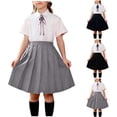 thumbnail image 1 of SGFCWSX Girls 3-Piece School Uniform Outfit, Teens Short Sleeve Collared Shirt with Bow Tie and Pleated Skirt Set Gray Size 14-15 Years, 1 of 8