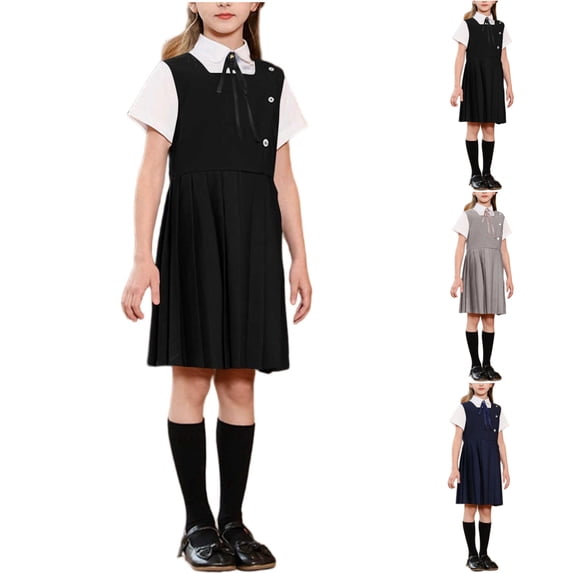SGFCWSX Girls 3-Piece School Uniform Set, Kids Short Sleeve Collared Shirt with Bow Tie and Sleeveless Pleated Jumper Dress Outfit Black Size 7-8 Years