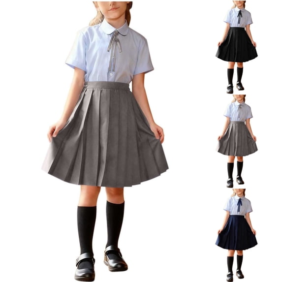 SGFCWSX Girls 3-Piece School Uniform Set, Kids Short Sleeve Collared Shirt with Bow Tie and Pleated Skirt Outfit Gray Size 9-10 Years