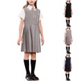 thumbnail image 1 of SGFCWSX Girls 3-Piece School Uniform Set, Teens Short Sleeve Collared Shirt with Bow Tie and Sleeveless Pleated Jumper Dress Outfit Gray Size 14-15 Years, 1 of 6