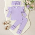 thumbnail image 1 of SGFCWSX Girls 3 Piece Set Newborn Winter Outfits Ribbed Ruffle Sleeve Top, Pants and Bow Headband Sets Purple Size 1-2T, 1 of 9