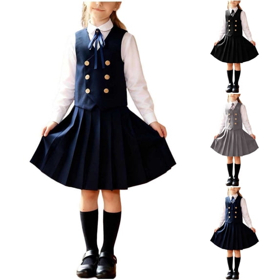 SGFCWSX Girls 4-Piece School Uniform Set, Kids Long Sleeve Collared Shirt with Bow Tie, Double-Breasted Button Vest and Pleated Skirt Outfit Navy Size 9-10 Years