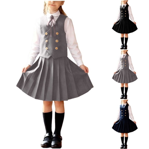 SGFCWSX Girls 4-Piece School Uniform Set, Teens Long Sleeve Collared Shirt with Bow Tie, Double-Breasted Button Vest and Pleated Skirt Outfit Gray Size 14-15 Years
