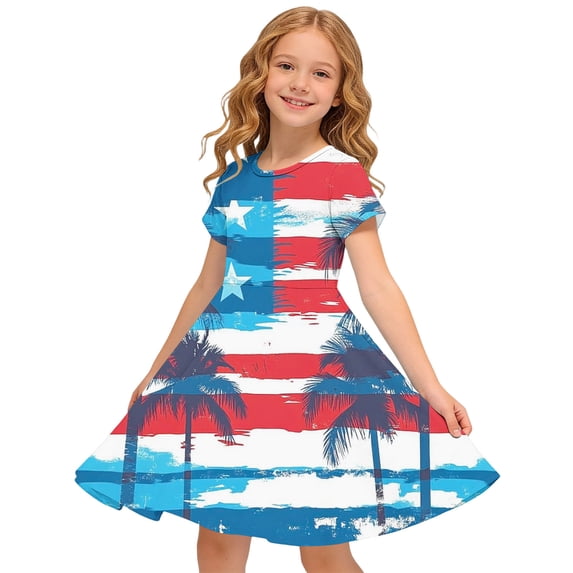 SGFCWSX Girls American Flag Dress Short Sleeve Round Neck A-Line Flared Holiday Casual Sundress Multicolor Size 9 Years