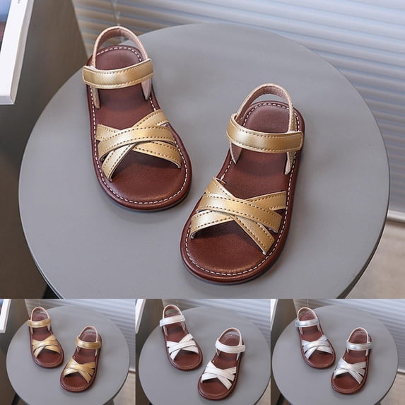 SGFCWSX Girls Ankle Strap Sandals Kids Crisscross Hook and Loop Summer Shoes Gold Size 18 Months