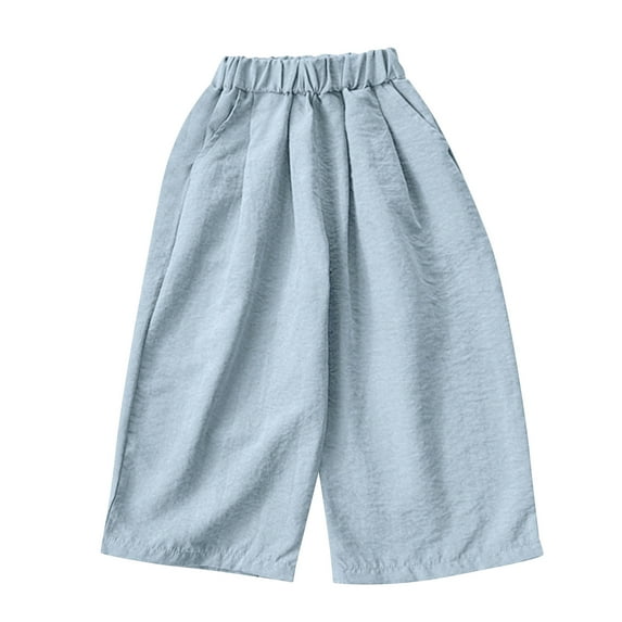 SGFCWSX Girls Wide Leg Pants High Elastic Waist Baggy Trousers with Pockets for Kids Casual Solid Color Pant Light Blue Size 3 Years