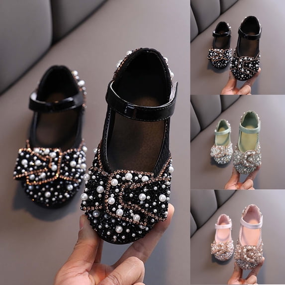 SGFCWSX Girls Ballet Flats Kids Rhinestone Pearl Bow Ankle Strap Wedding Party Flower Girl Shoes Black Size 11.5 Little Kids