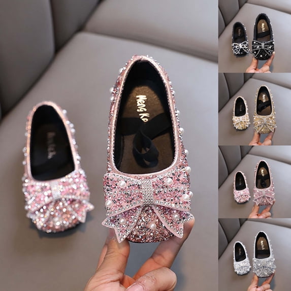 SGFCWSX Girls Ballet Flats Kids Rhinestone Pearl Bow Mary Jane Wedding Party Flower Girl Shoes Pink Size 11 Little Kids
