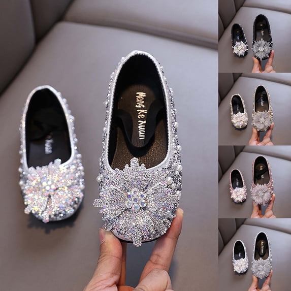 SGFCWSX Girls Ballet Flats Kids Sparkly Rhinestone Floral Pearl Wedding Party Flower Girl Shoes Silver Size 11 Little Kids