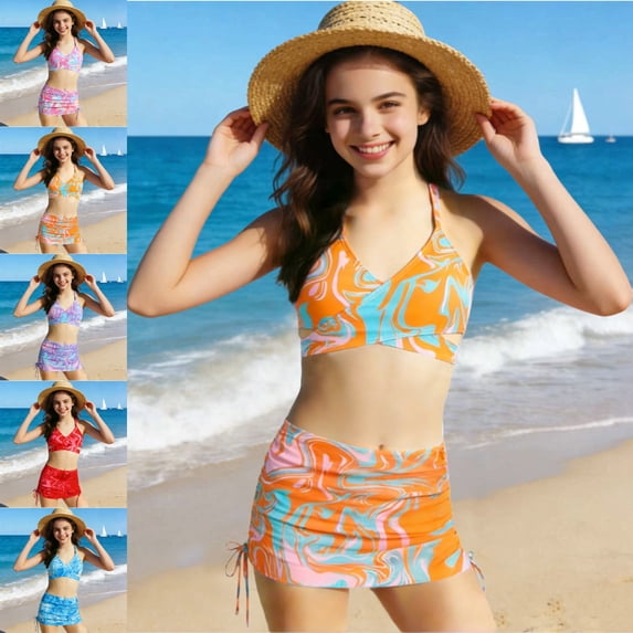 SGFCWSX Girls Bikini Swimsuit, Kids 2-Piece Halter Print Crisscross Crop Top and Ruched Skirted Bottom, Bathing Suit for Beach Pool Orange Size 9-10Years
