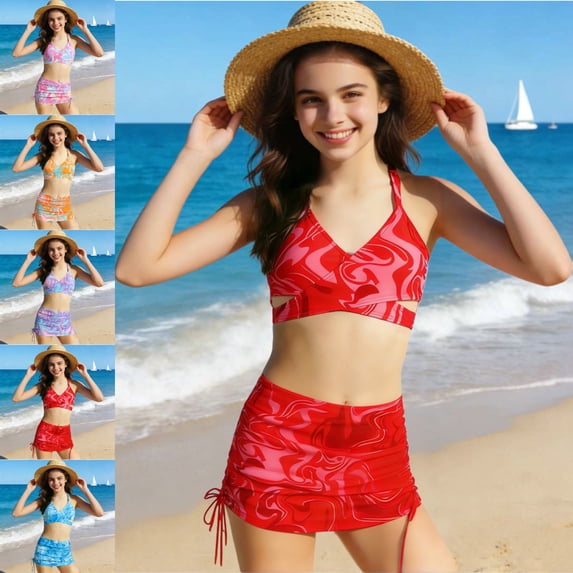 SGFCWSX Girls Bikini Swimsuit, Kids 2-Piece Halter Print Crisscross Crop Top and Ruched Skirted Bottom, Bathing Suit for Beach Pool Red Size 9-10Years