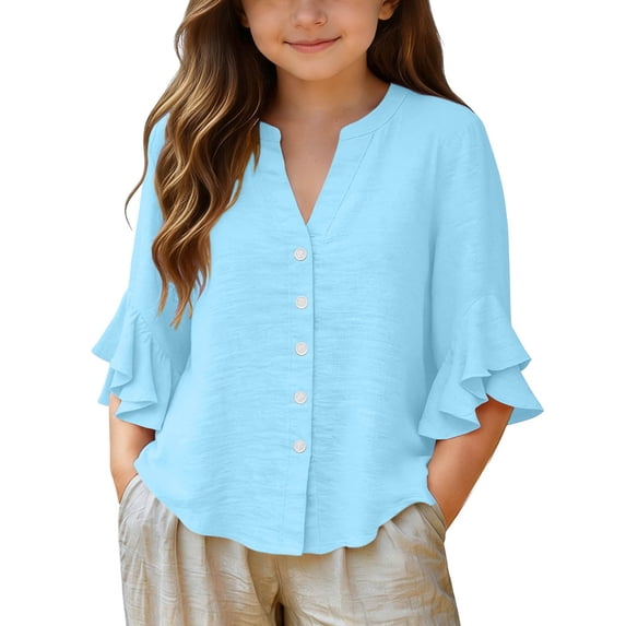 SGFCWSX Girls Blouses Kids Button Down V Neck Ruffle Bell 3/4 Sleeve Summer Casual Lightweight Tops Blue Size 7