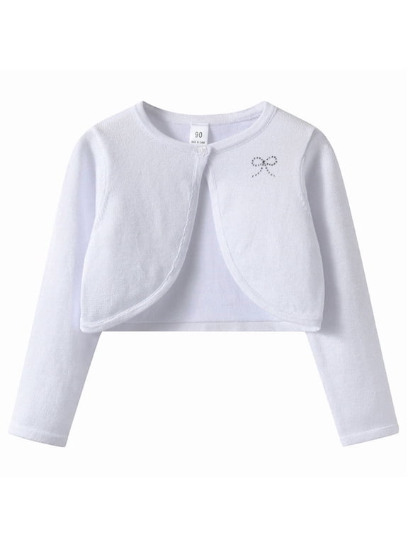 Girls Bolero Cardigan Cropped Shrug Glitter Bow Print Soft Knit Party Sweater for Kids White Size 7
