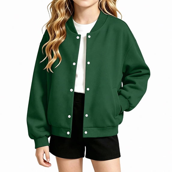 SGFCWSX Girls Bomber Jacket Button Down Snap Varsity Casual Lightweight Outerwear Coat Green Size 12