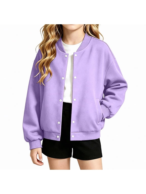 Girls Bomber Jacket Button Down Snap Varsity Casual Lightweight Outerwear Coat Purple Size 4T