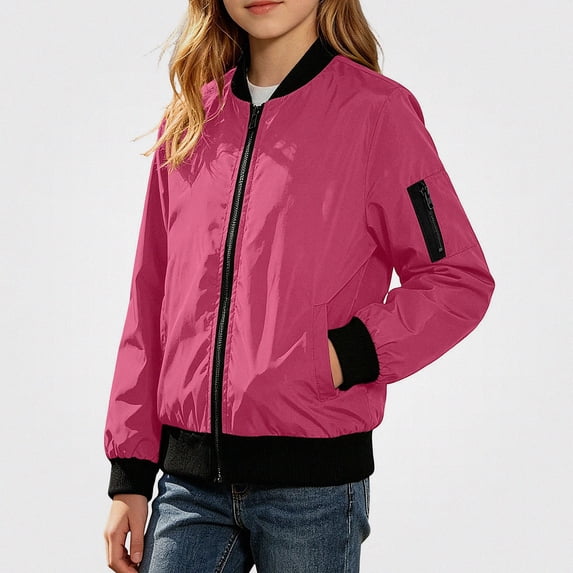 SGFCWSX Girls Bomber Jacket Zip Up Lightweight Water Resistant Pockets Casual Windbreaker Coat Hot Pink Size 7