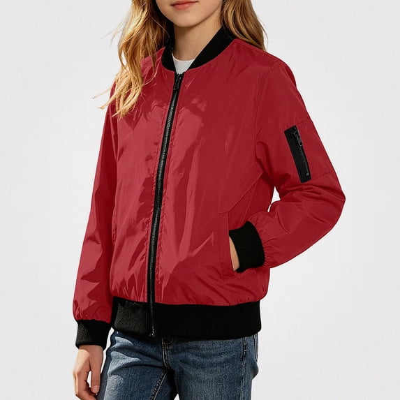 SGFCWSX Girls Bomber Jacket Zip Up Lightweight Water Resistant Pockets Casual Windbreaker Coat Red Size 7