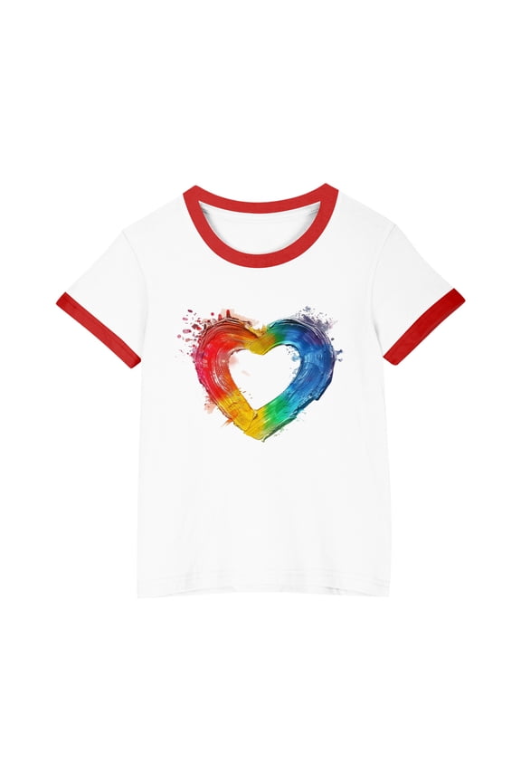Girls Boys Short Sleeve T Shirts, Kids Crew Neck Ringer Heart Print Tops Summer Casual Tees Red Size 4-5 Years