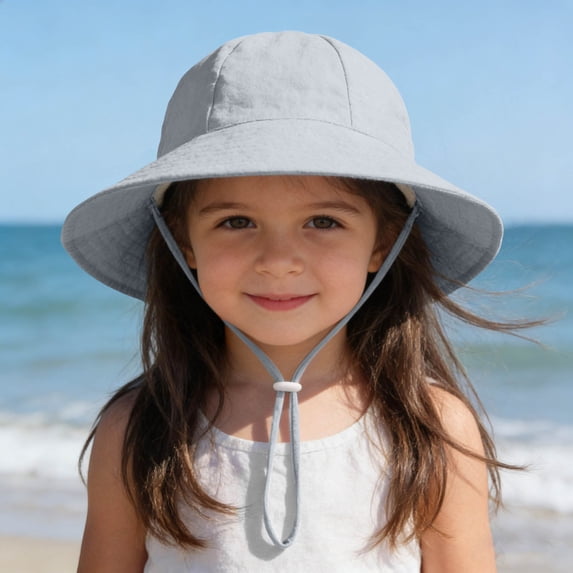 SGFCWSX Girls Bucket Hat Wide Brim UV Protection Adjustable Chin Strap Breathable Cotton Summer Outdoor Beach Sun Hats for Kids Gray Size 1 Years