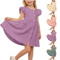 thumbnail image 1 of SGFCWSX Girls Button Front Dress Ruffle Short Sleeve Casual with Pockets Summer A-Line Dress for Kids Purple Size 6-7Years, 1 of 10