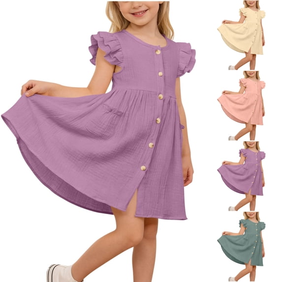 SGFCWSX Girls Button Front Dress Ruffle Short Sleeve Casual with Pockets Summer A-Line Dress for Kids Purple Size 6-7Years