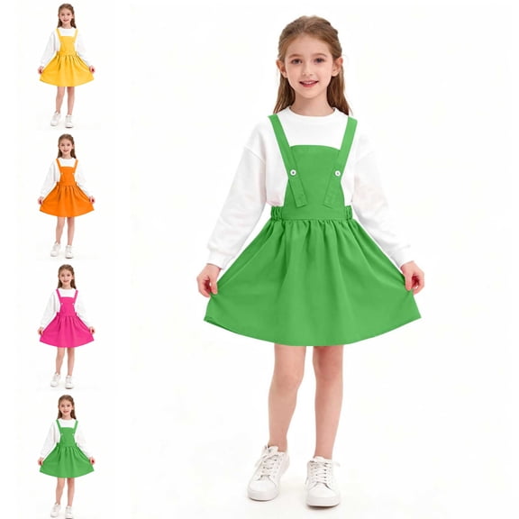 SGFCWSX Girls Button Suspender Skirt, Casual Flared Hem Sleeveless Dress Green Size 9-10 Years