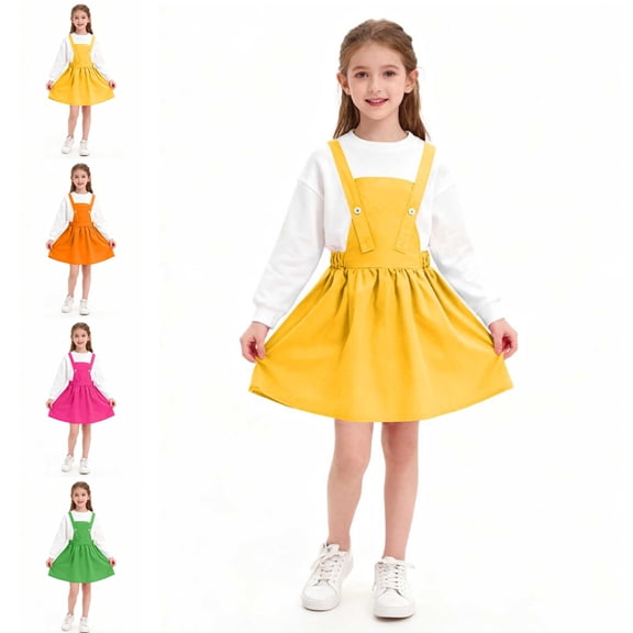 SGFCWSX Girls Button Suspender Skirt, Flared Hem Casual Sleeveless Dress Yellow Size 5-6 Years