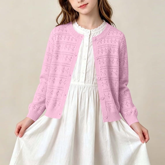 SGFCWSX Girls Cardigan Button Front Crew Neck Pointelle Knit Ruffle Trim Soft Knit Casual Sweaters for Kids Pink Size 3T