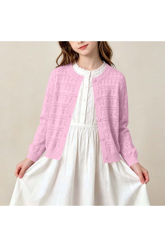 Girls Cardigan Button Front Crew Neck Pointelle Knit Ruffle Trim Soft Knit Casual Sweaters for Kids Pink Size 7